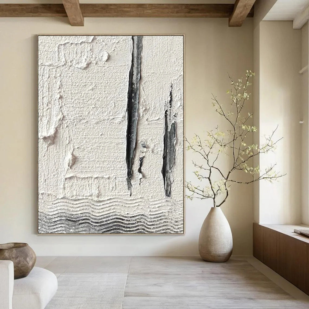 “Textured White with Grey Lines and Waves” - Minimalist Abstract Painting On Canvas DS371