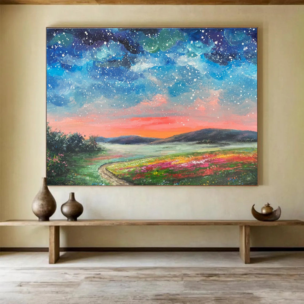 Starry Sunset Over Flower Field Landscape Painting On Canvas DKS122