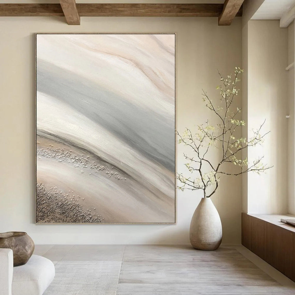 “Beige - Grey Abstract with Silver” - Minimalist Abstract Painting On Canvas PT1215