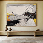 “Dynamic Abstract in Blacks, Whites, Yellows & Oranges” - Energetic Modern Painting On Canvas PT030