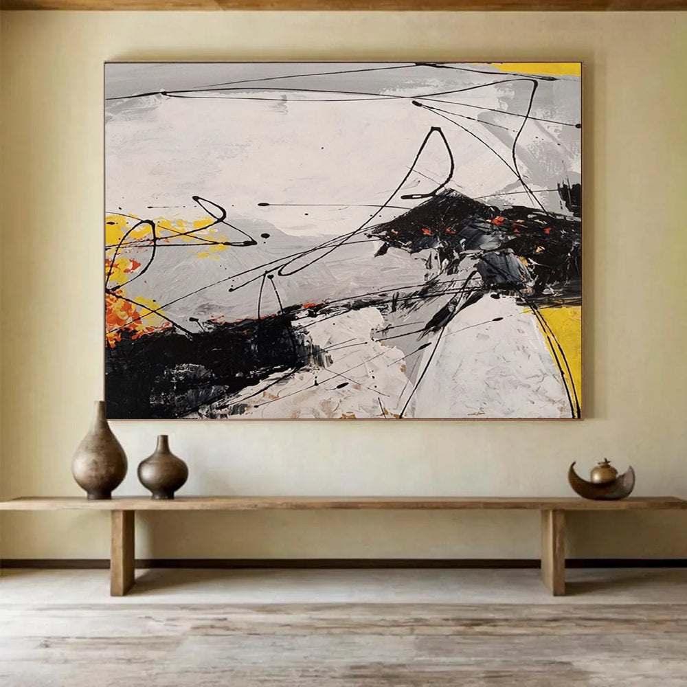“Dynamic Abstract in Blacks, Whites, Yellows & Oranges” - Energetic Modern Painting On Canvas PT030
