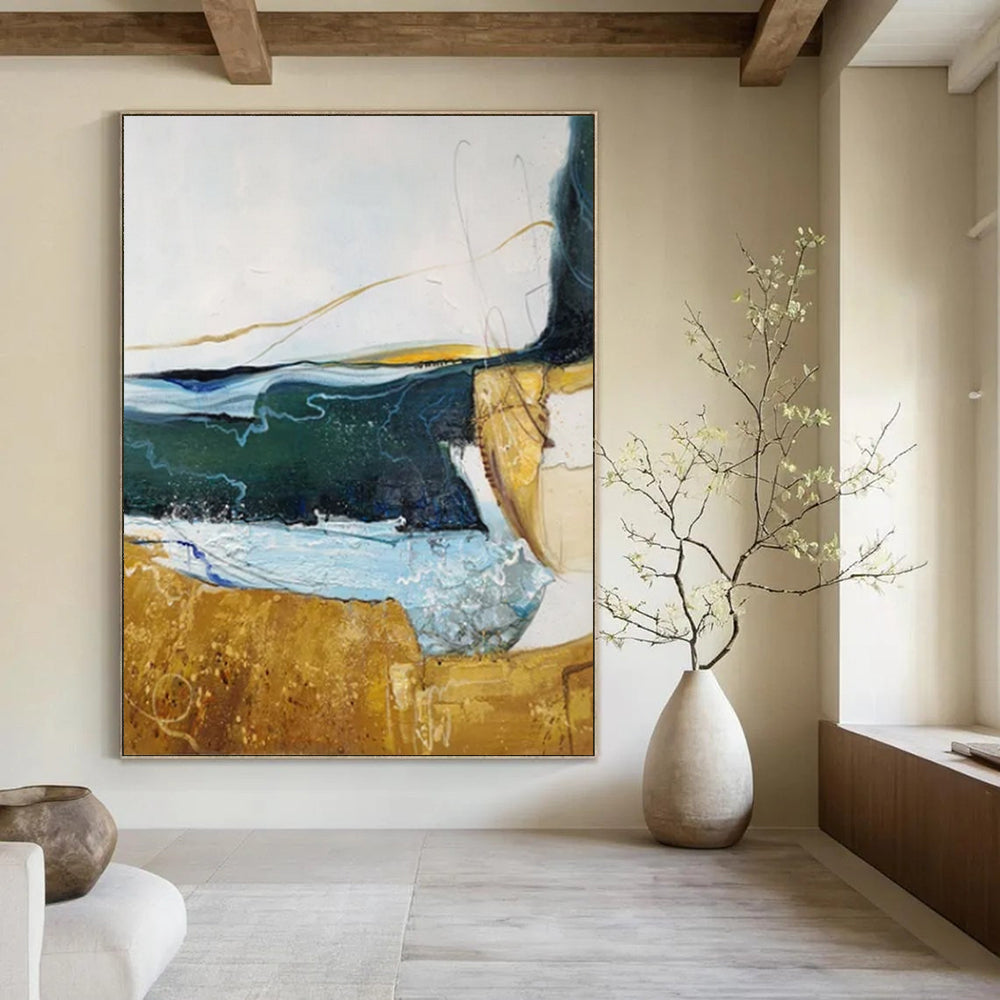 “Green - Gold - Blue Abstract 2” - Mixed - Media Abstract Painting On Canvas PT2337