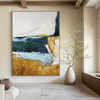 “Green - Gold - Blue Abstract 2” - Mixed - Media Abstract Painting On Canvas PT2337