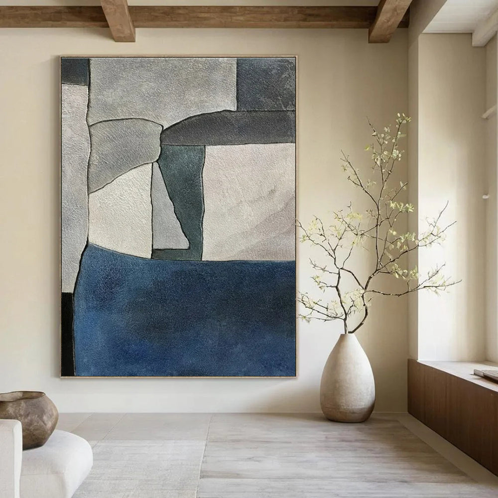 Gray, Blue, White with Geometric Shapes "Modern Mosaic" Abstract Painting On Canvas PS1425