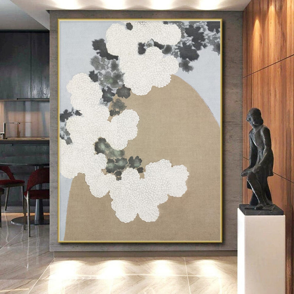 “White Blossoms & Beige Rock” - White, Gray, Beige Floral Abstract Painting On Canvas PS0750