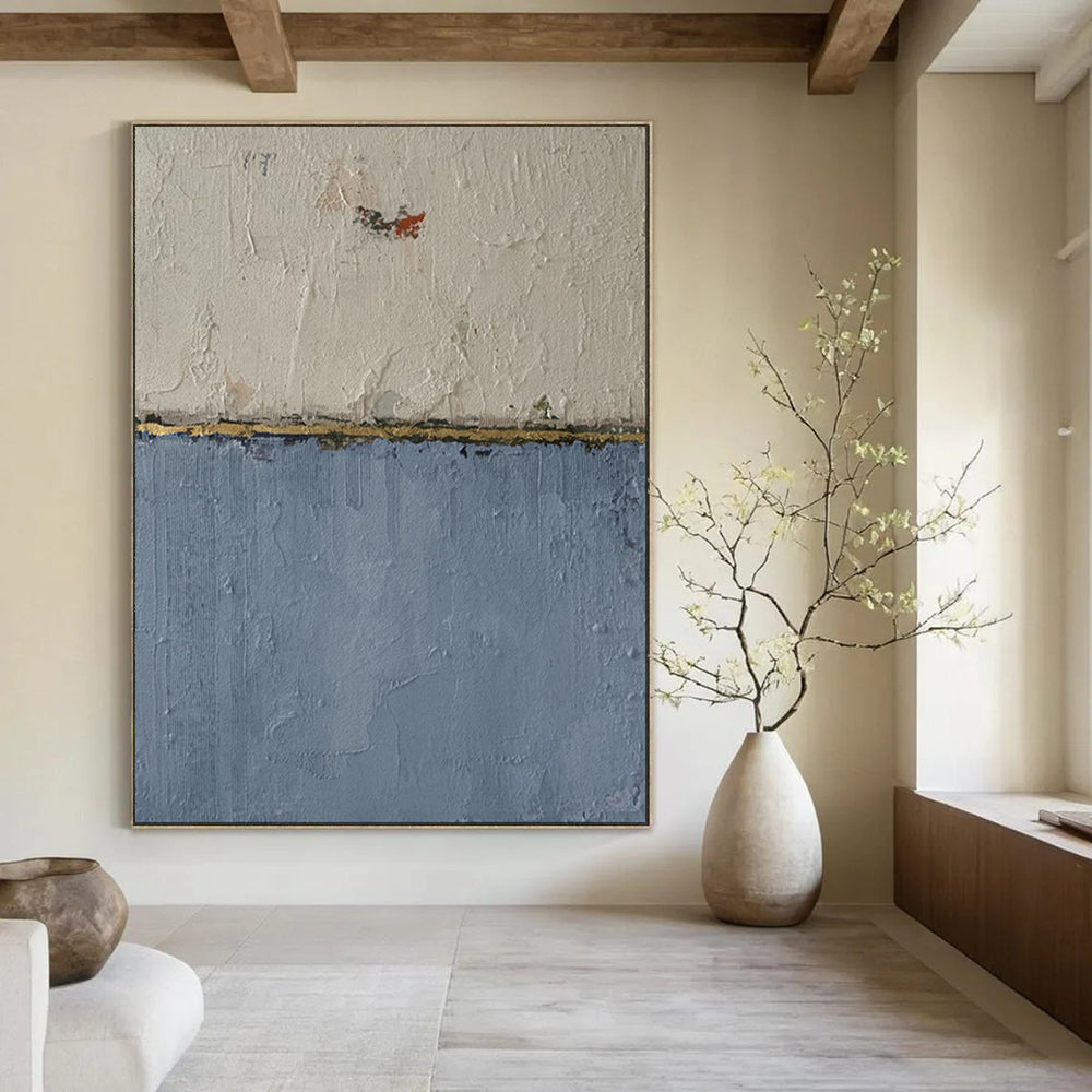 “White - Blue - Gold Textured Abstract” - Textured Minimalist Painting On Canvas PT1967