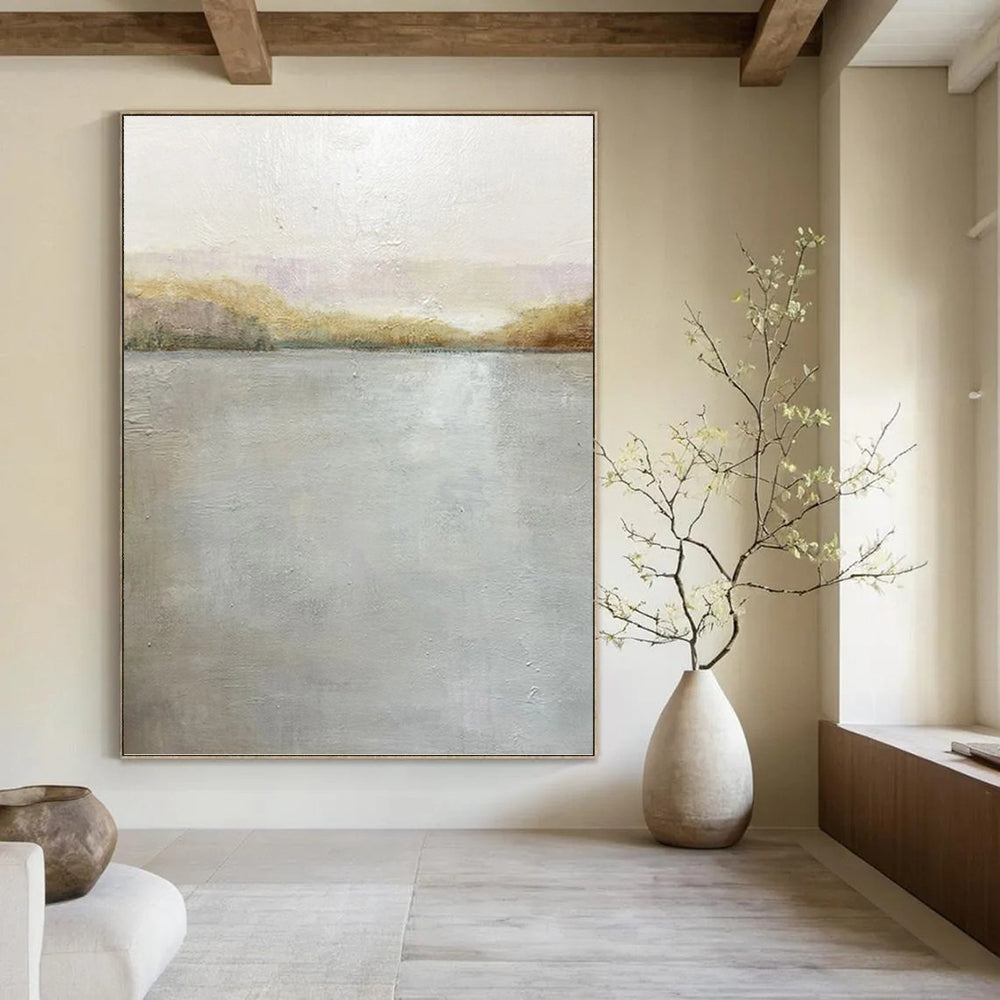 “Soft - Toned Lake Landscape” - Landscape, Pastel - Colored Painting On Canvas PT1511