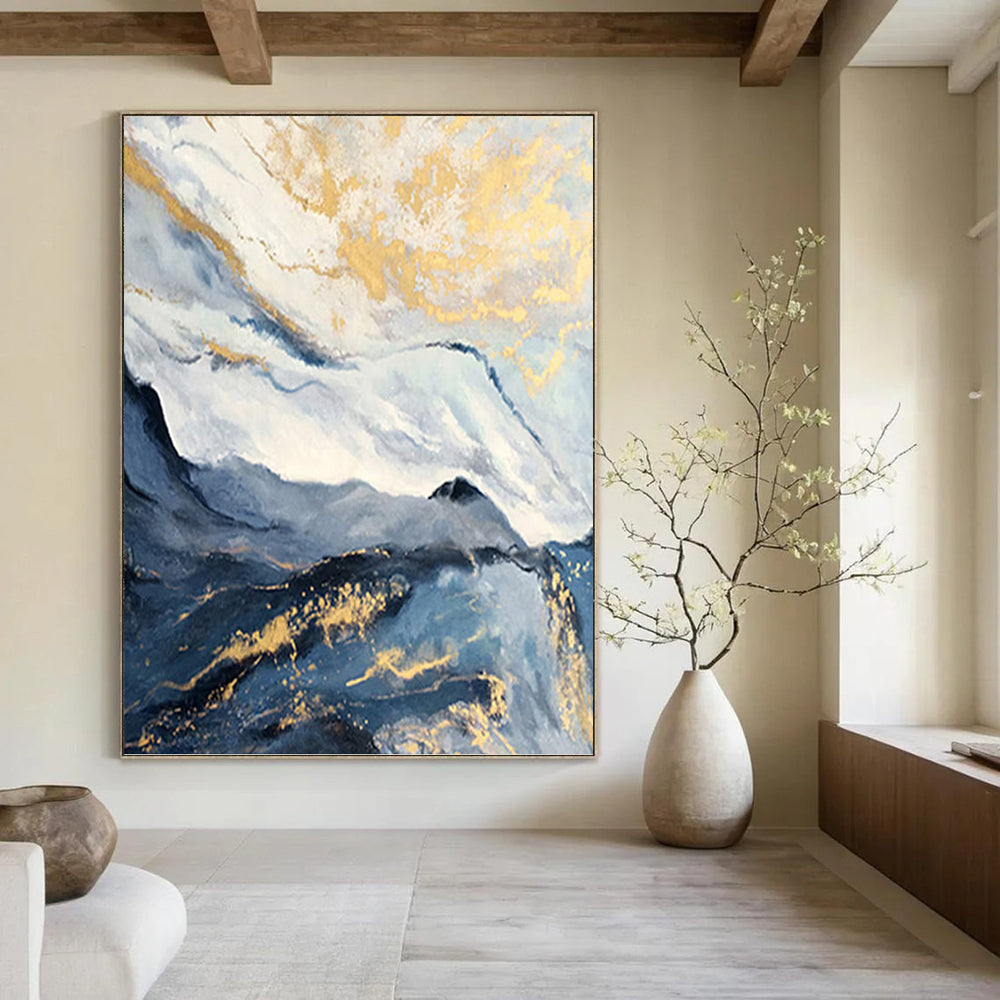 “Blue - Grey Mountains with Gold: Abstract Landscape” - Luxe Nature Painting On Canvas PT0943