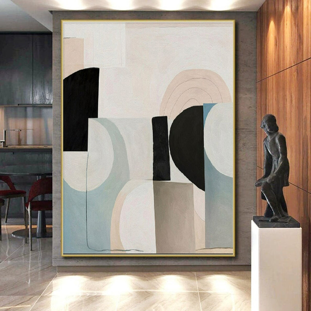 “Soft Geometric Mix” - Beige, Black, Blue, Gray Abstract Geometric Painting On Canvas PS0672