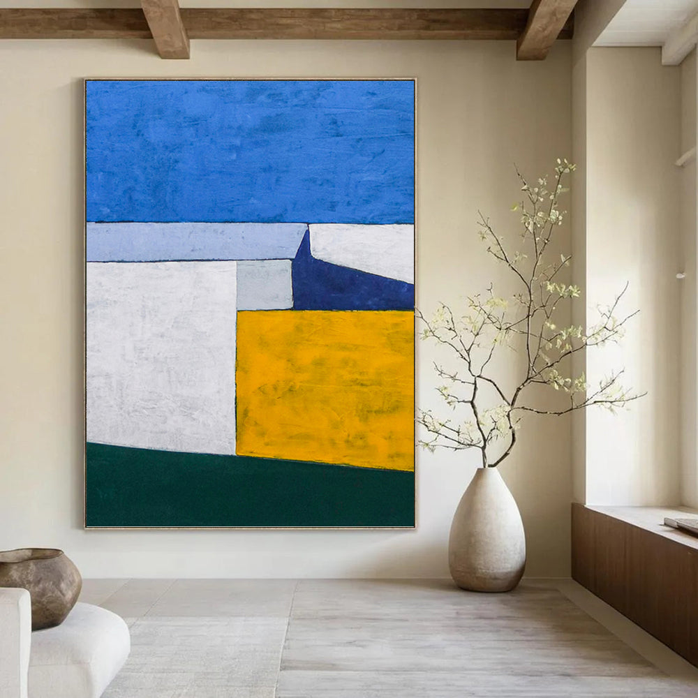 “Blue - Yellow Geometric Blocks” - Clean Lines Abstract Painting On Canvas PT1095