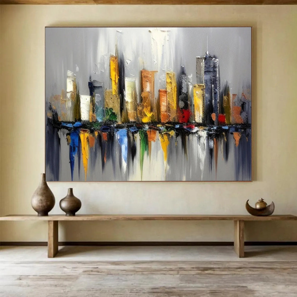 “Colorful Cityscape Reflection” - Impasto Urban Painting On Canvas PT067