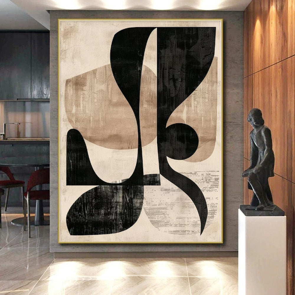 “Black & Beige Shapes” - Black, Beige Geometric Abstract Painting On Canvas PS0385