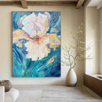 “White Flower: Textured Impasto on Blue” - Impressionistic Floral Painting On Canvas PT0942