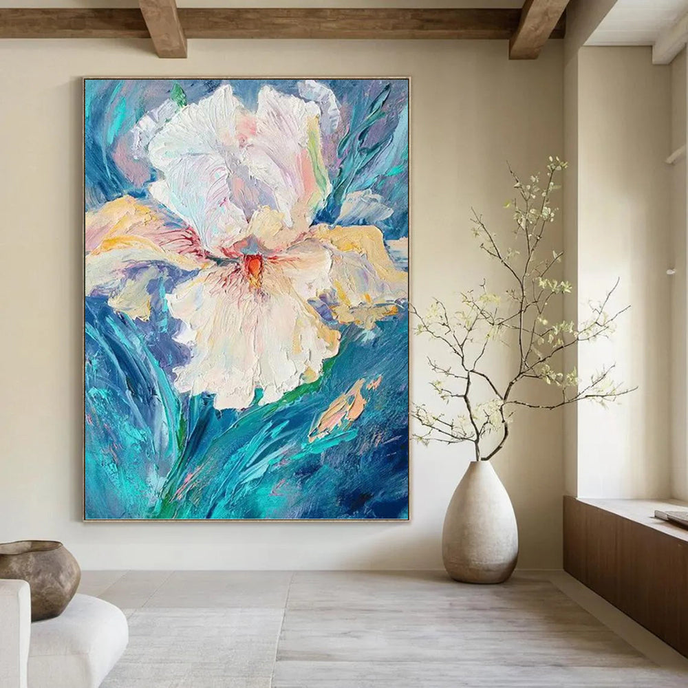 “White Flower: Textured Impasto on Blue” - Impressionistic Floral Painting On Canvas PT0942