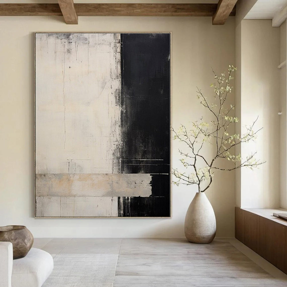 Black, White, Gray with Textured Divisions "Monochrome Split" Abstract Painting On Canvas PS1384