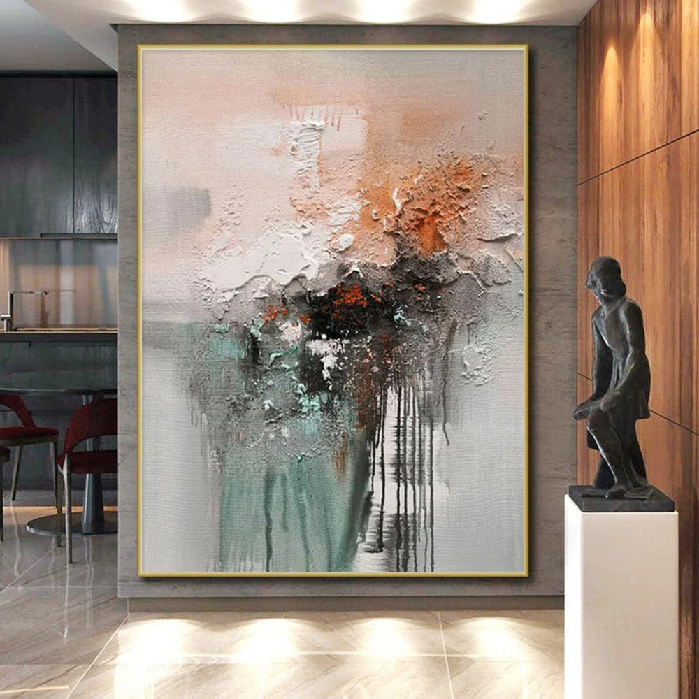 Textured Gray - Orange Abstract, "Rough Dawn" – Mixed - Media Abstract Painting On Canvas PS0898