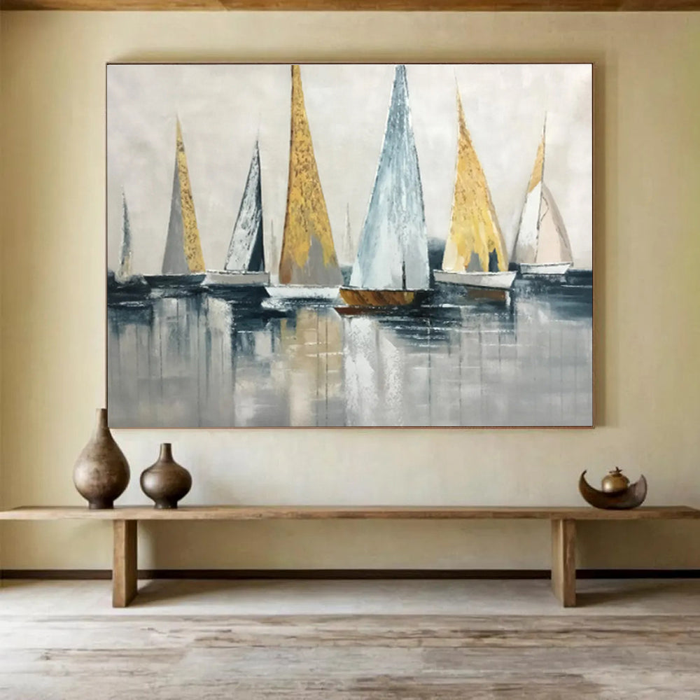 “Gold - Accented Sailboat Abstract” Abstract Painting On Canvas DKS169