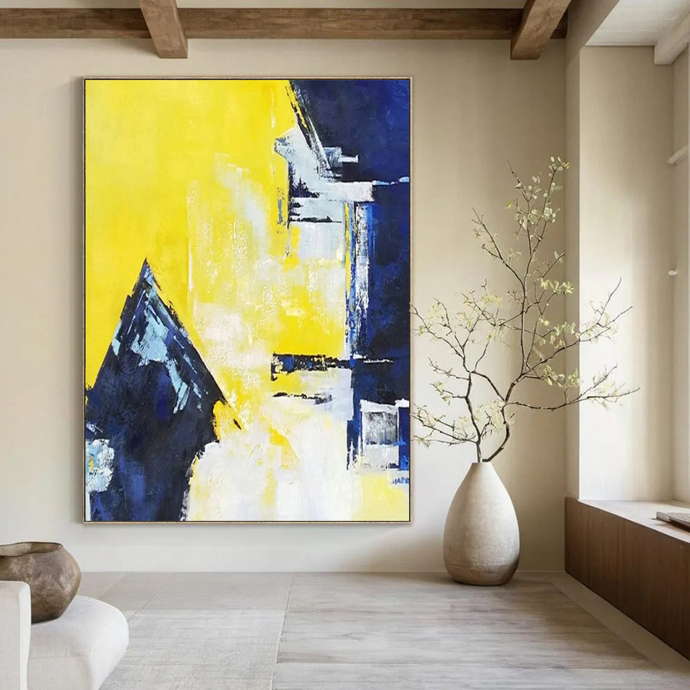 “Yellow - Blue Geometric” - Modernist Abstract Painting On Canvas PT2304