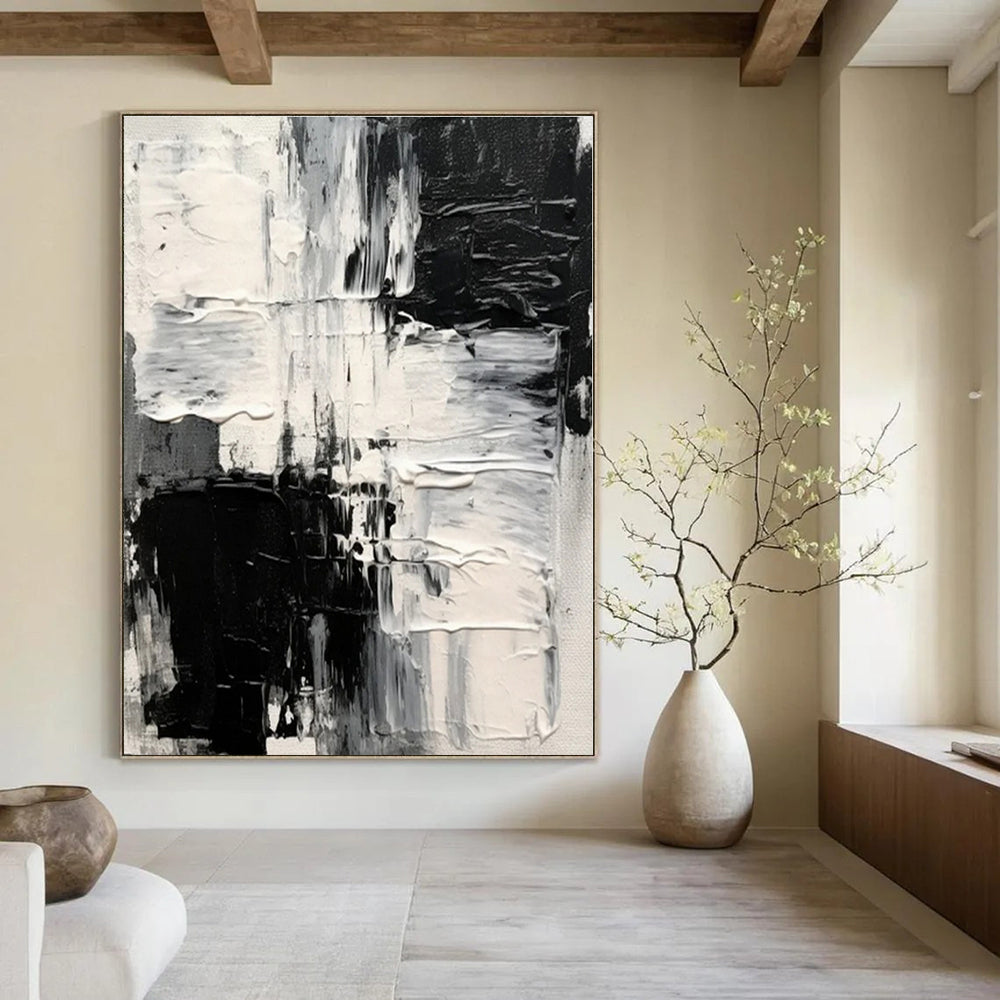 Monochrome Textured Chaos - Black and White Impasto Abstract Painting On Canvas PS1248
