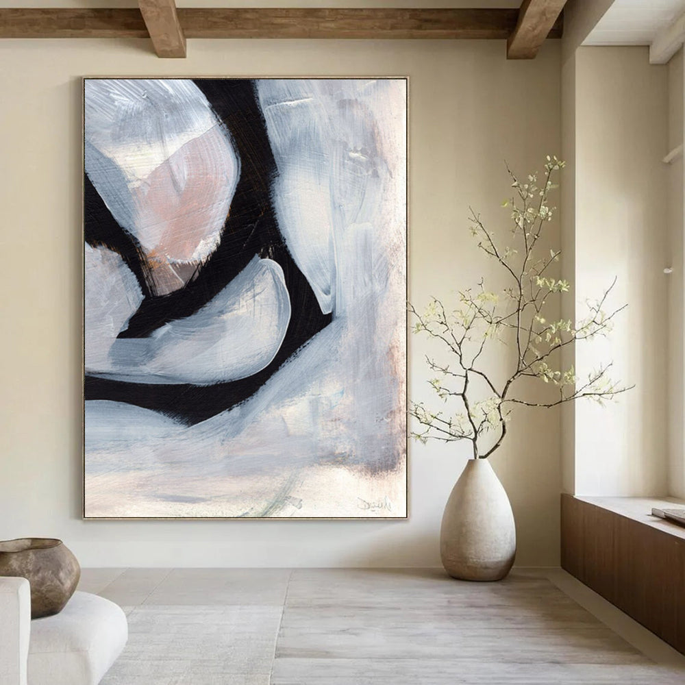 “Black & White Abstract Petals” - Contrasting Hues with Soft Shapes Painting On Canvas DS228