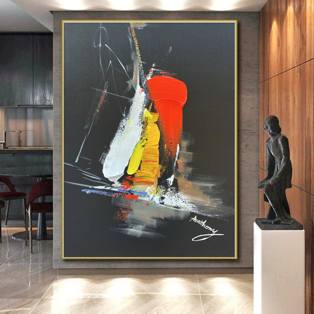 “Black - Red - Yellow Dynamic Burst” - Black, Red, Yellow, Blue Abstract Painting On Canvas PS0515