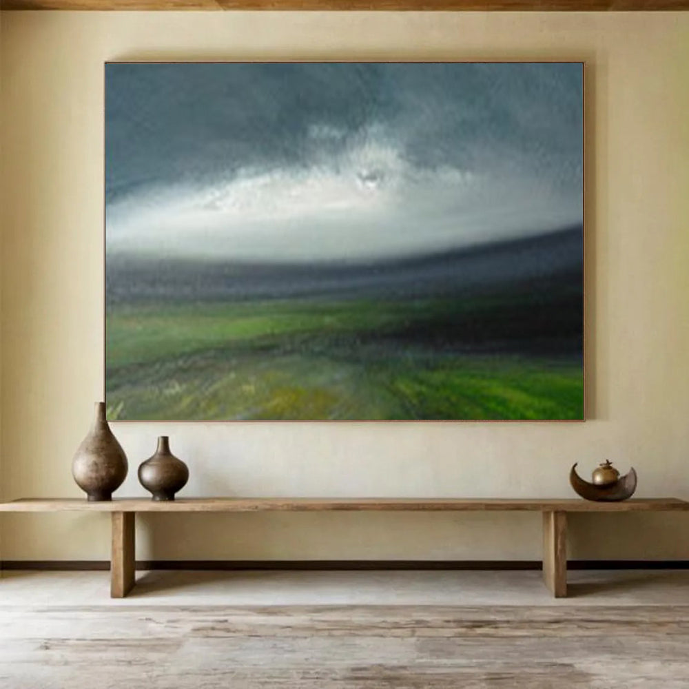 “Moody Landscape in Green, Gray & White” - Impressionistic Nature Painting On Canvas PT005