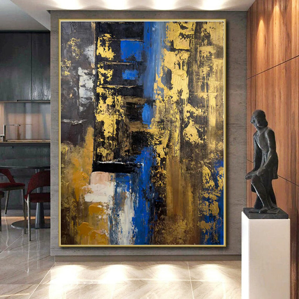 “Blue - Gold Abstract Layers” - Blue, Gold, Brown Abstract Painting On Canvas PS0445