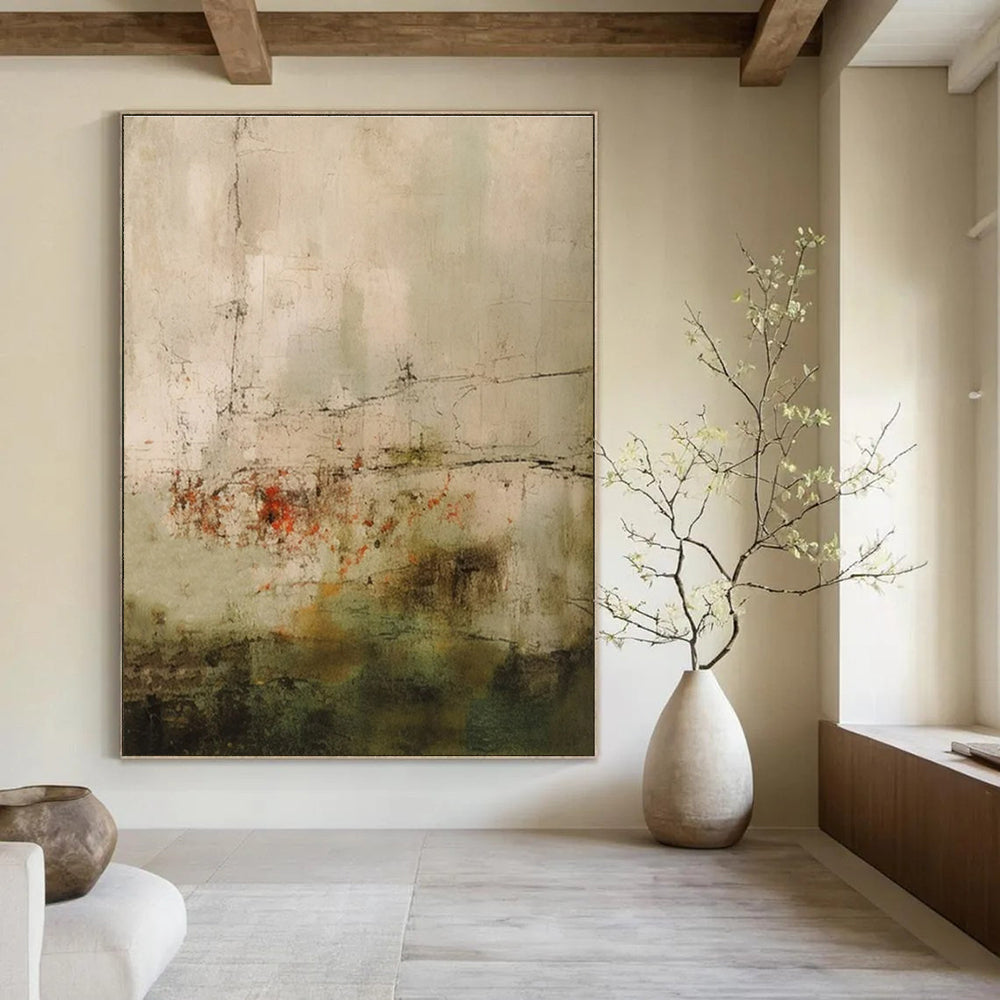Beige, Gray, Green, Red with Subtle Lines "Faded Memory" Abstract Painting On Canvas PS1469