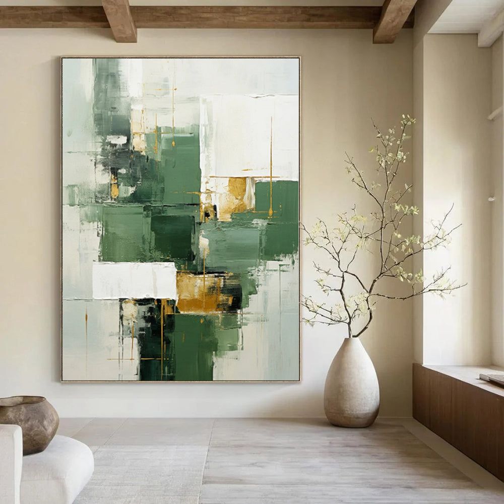 “Green - Gold Geometric Fusion” - Modernist Abstract Art On Canvas PS0199