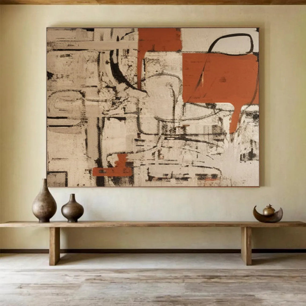 “Rust and Beige Abstract with Black Lines” - Industrial Abstract Painting On Canvas PT099