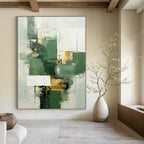 “Green, White, and Gold Abstract” - Cubist Geometric Painting On Canvas PT2292