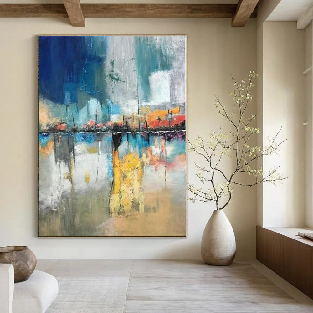 “Blue - Orange Cityscape” - Abstract Impressionist Painting On Canvas PT2331
