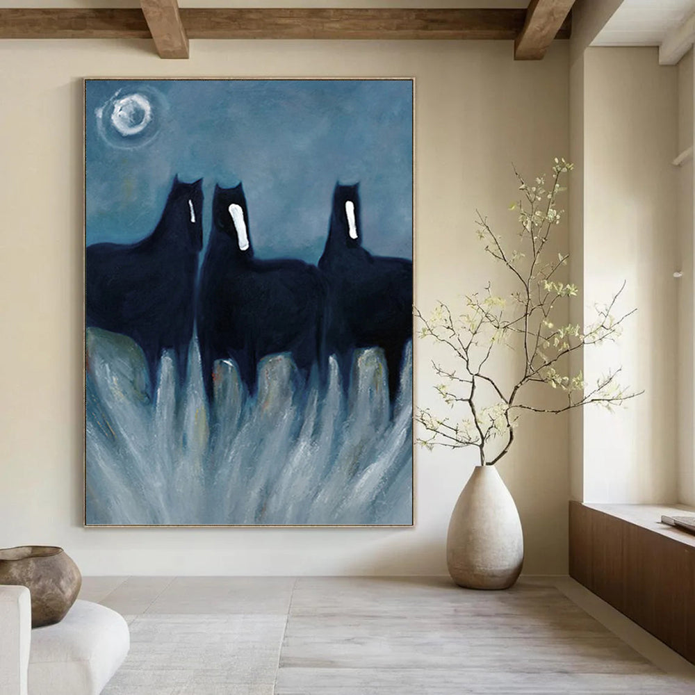 “Mystical Black Horses” - Expressionist - Inspired Animal Painting On Canvas PT1444