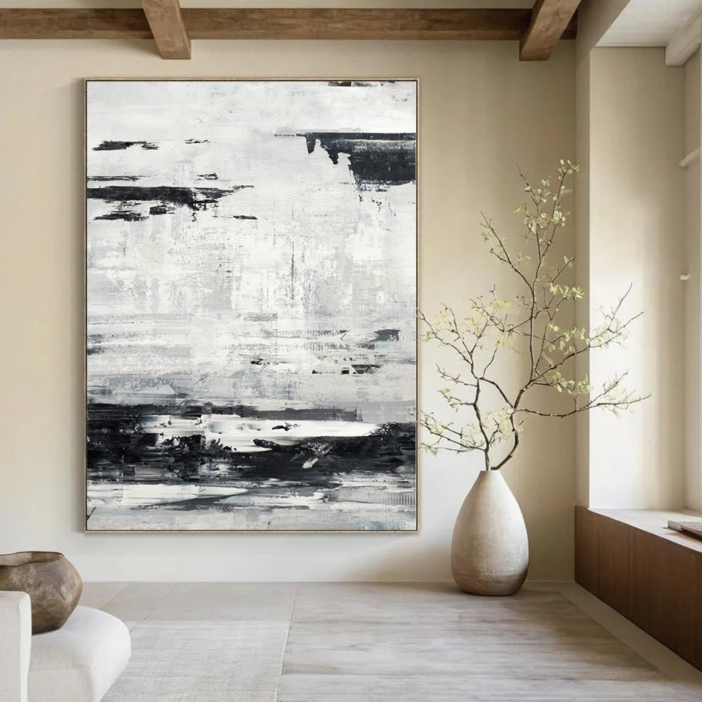 Black, White and Gray with Textured Layers "Urban Palimpsest" Abstract Painting On Canvas PS1168