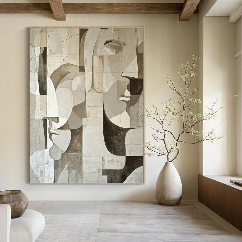 Beige, Gray with Geometric Faces "Cubist Masks" Abstract Painting On Canvas PS1388