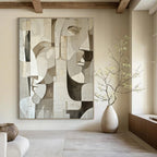 Beige, Gray with Geometric Faces "Cubist Masks" Abstract Painting On Canvas PS1388