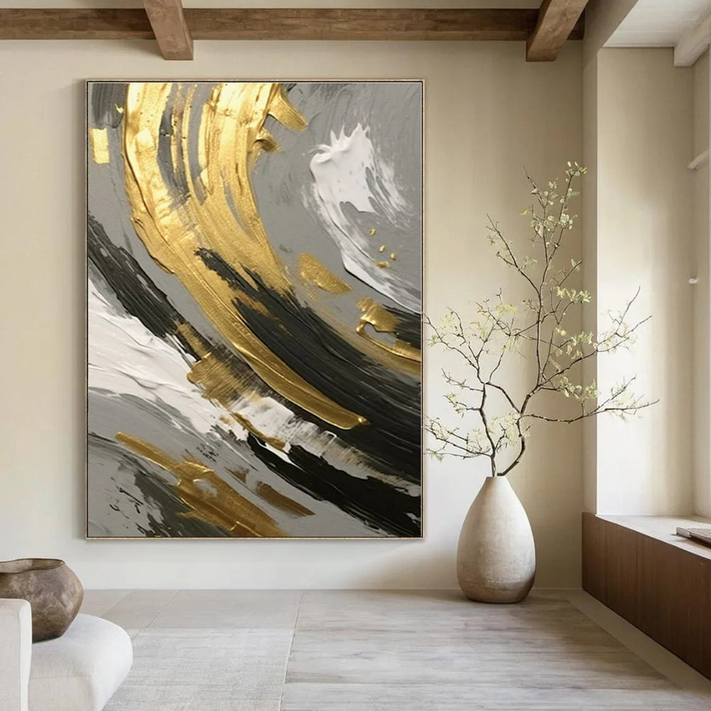 Gold, Black, and White Swirl Detail - Close - Up Textured Abstract Painting On Canvas PS1252