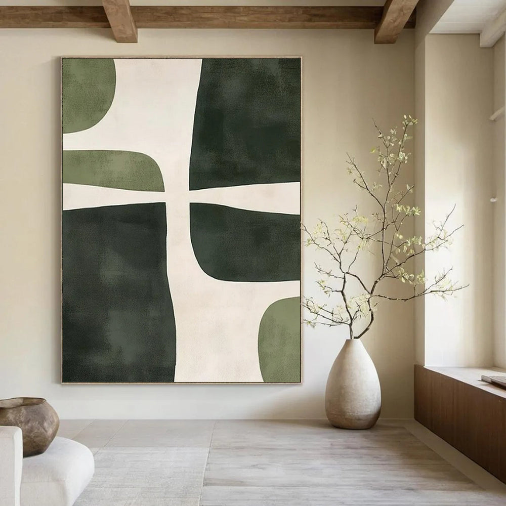 “Green and White Geometric Balance” - Minimalist Abstract Painting On Canvas PT2370