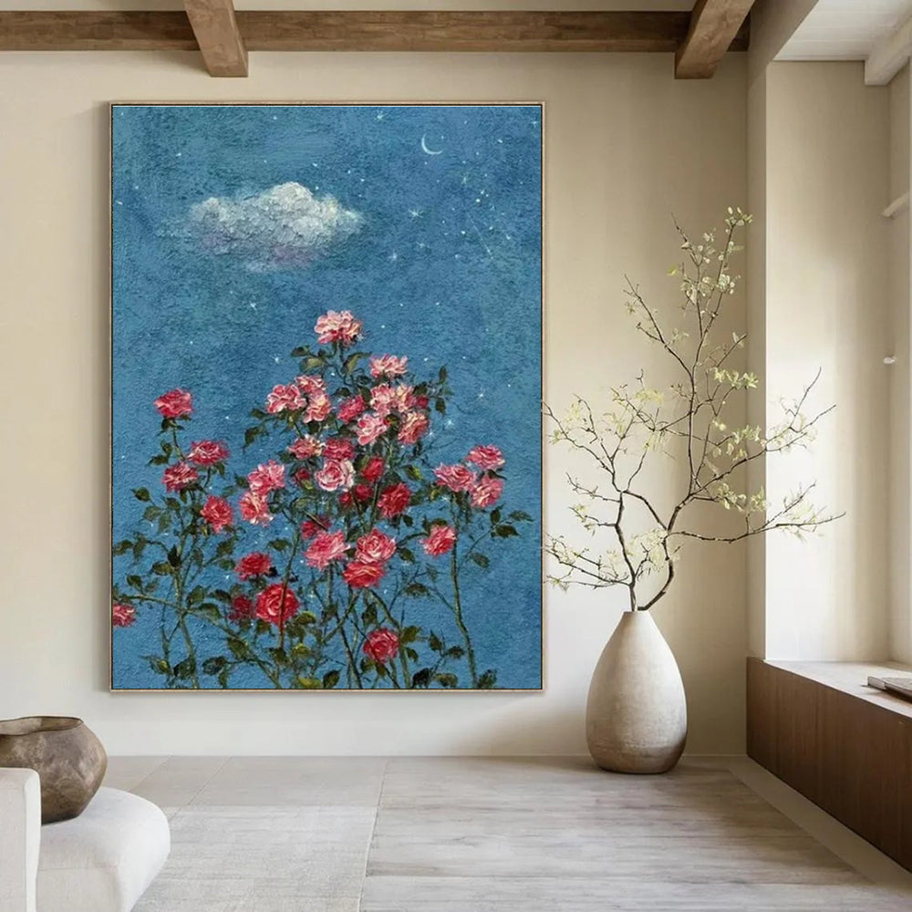 Blue, Pink, Green with Roses and Sky Elements "Starry Blossoms" Abstract Painting On Canvas PS1454