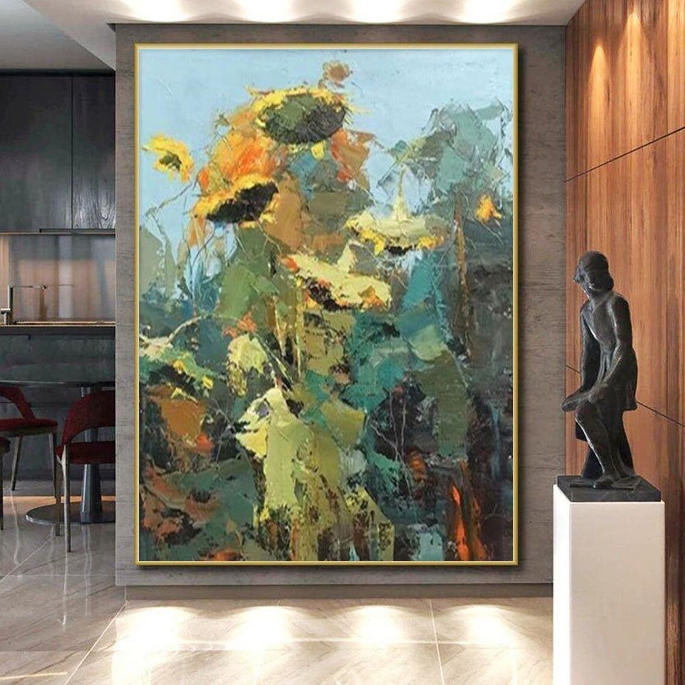“Impasto Sunflower Abstract” - Yellow, Green Abstract Impressionist Painting On Canvas PS0732