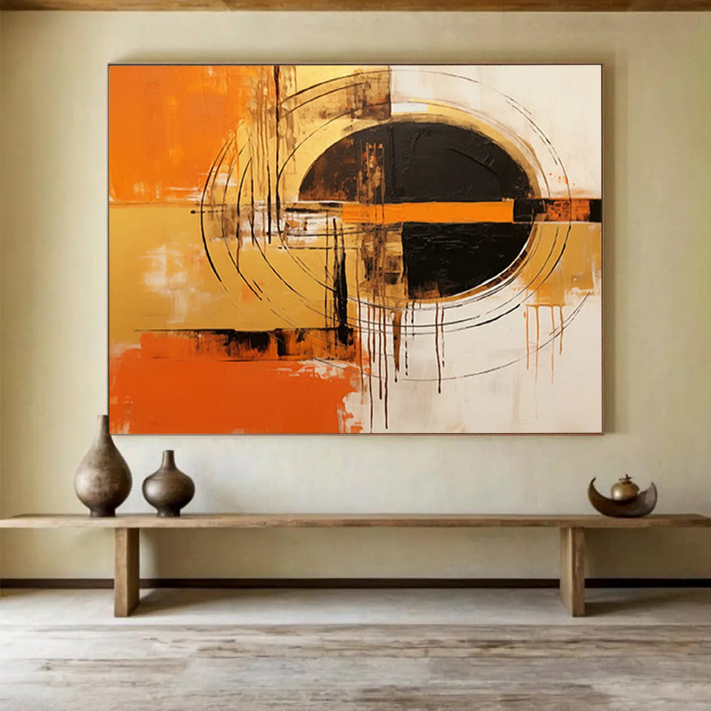 “Orange, Gold, and Black Circular Abstract” - Expressive Abstract Painting On Canvas PT105