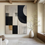Black, White, Gray, Gold with Mixed Shapes "Elegant Fusion" Abstract Painting On Canvas PS1373