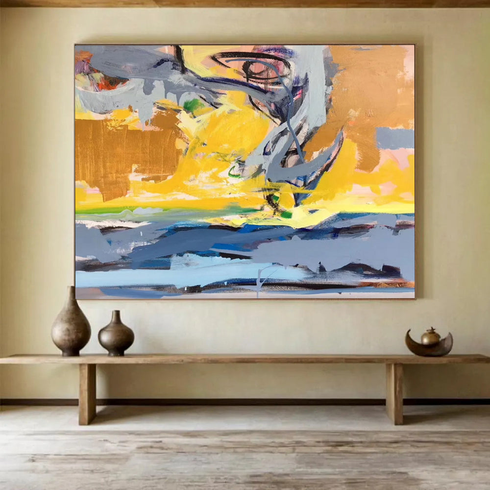“Dynamic Abstract Coastal in Yellows, Grays & Blues” - Energetic Modern Oil Painting On Canvas PT034