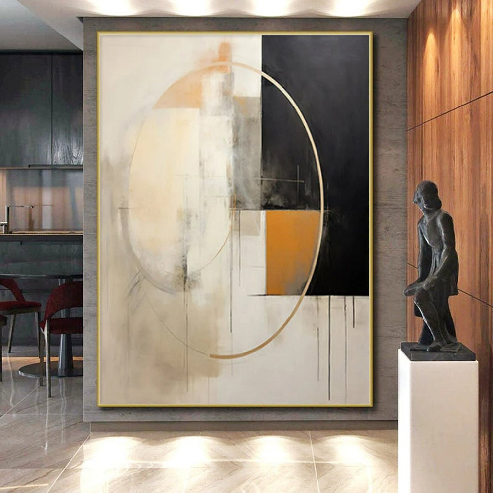 Black, White & Gold Abstract Circles Painting On Canvas PS0820