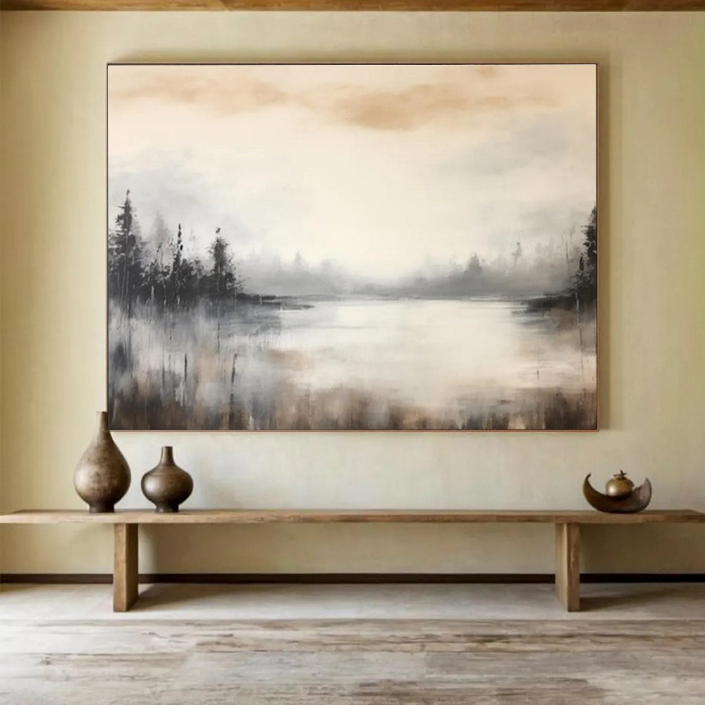 Misty Lake and Forest in Neutrals - Tonalist Landscape Painting On Canvas DKS329