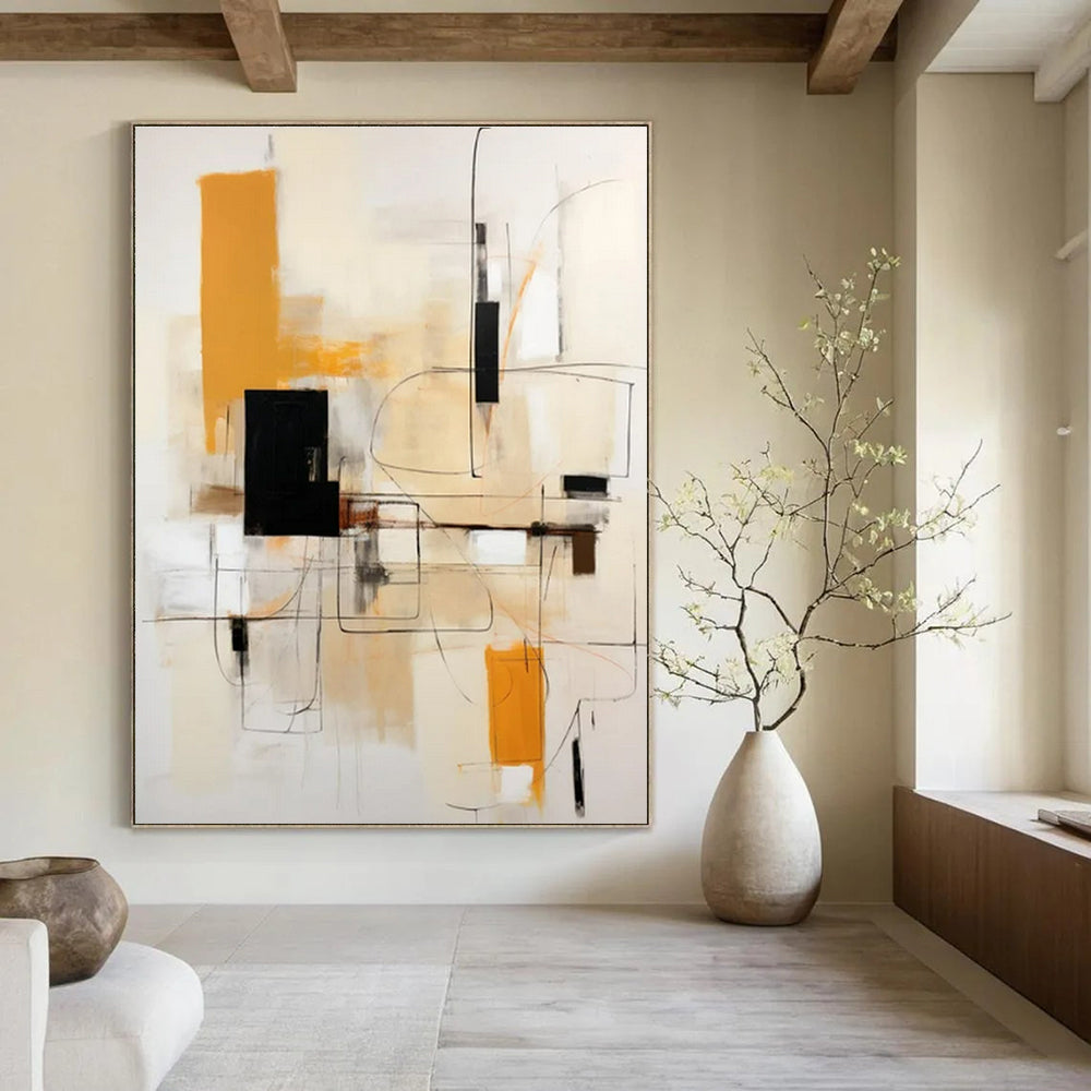 Beige, Orange, Black, White with Geometric Lines "Structured Energy" Abstract Painting On Canvas PS1461