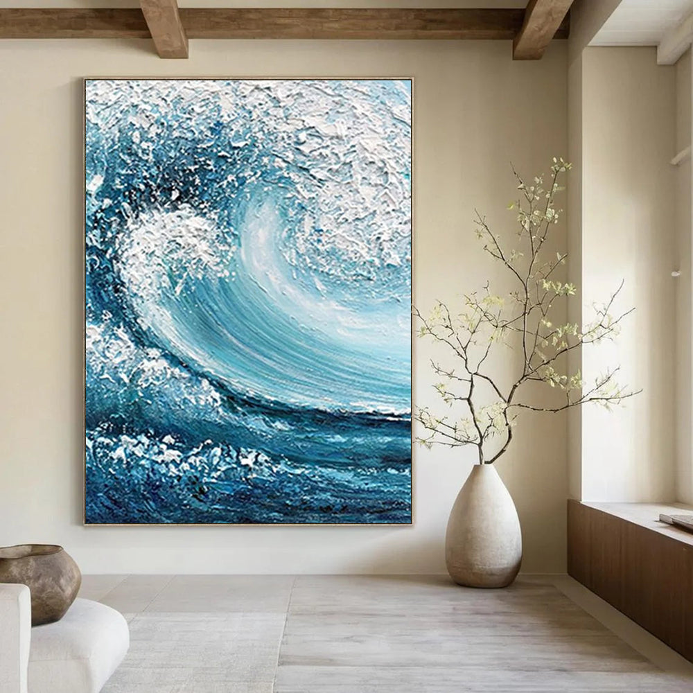 “Blue and White Crashing Wave” - Realistic Ocean Wave Painting On Canvas DS322