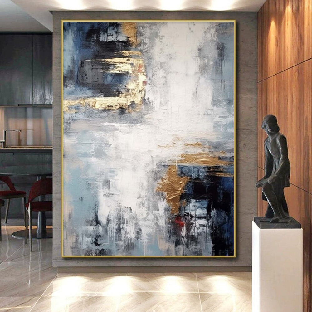 “Blue - Gray & Gold Fusion” - Blue, Gray, Gold Abstract Minimalist Painting On Canvas PS0696