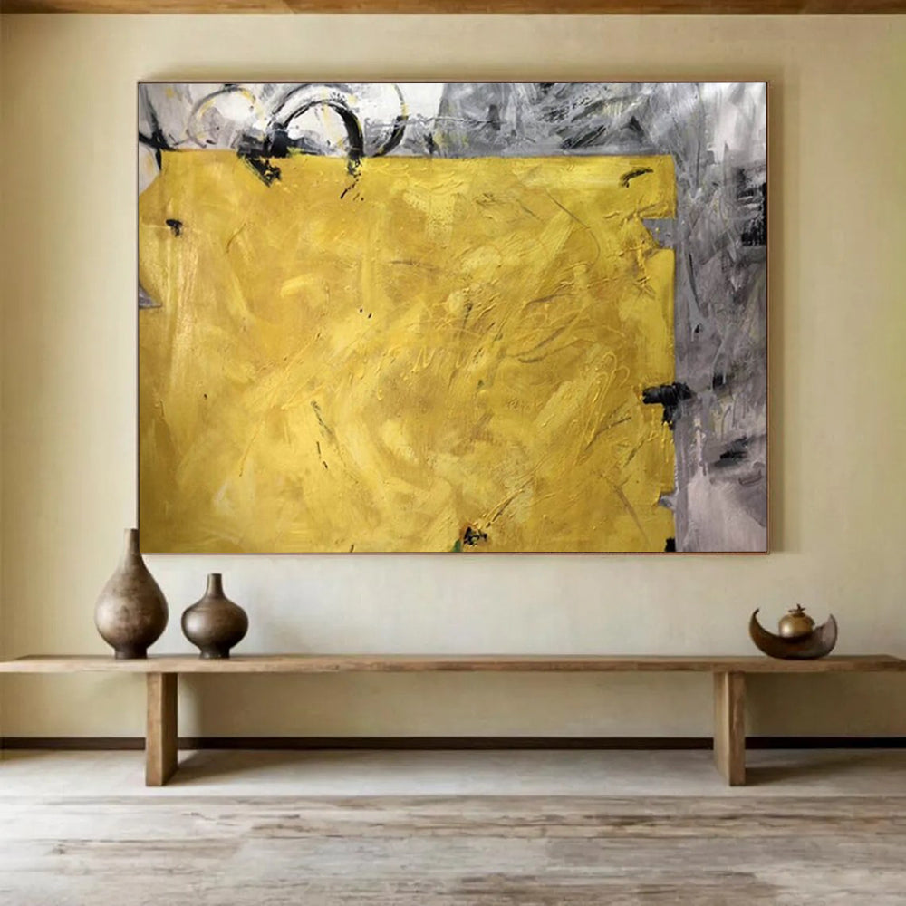 “Bold Yellow and Gray Abstract” - Striking Abstract Painting On Canvas PT153