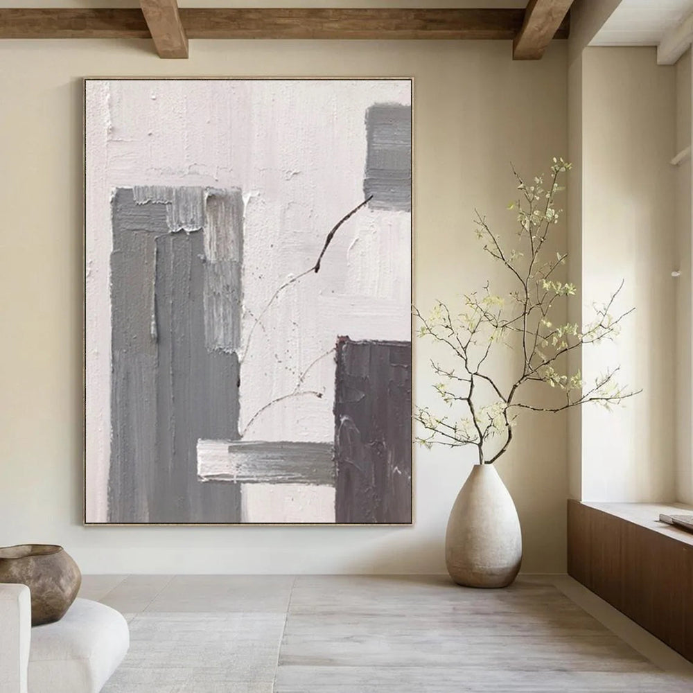 “Layered Rectangles: Gray, White Abstract” - Subtle Abstract Painting On Canvas DS396
